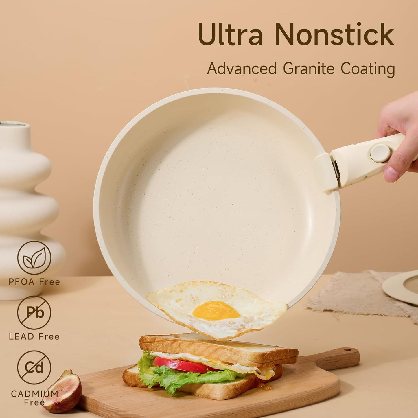 JEETEE Non Stick Frying Pans with lid and Detachable Handle, Frying Pans Set with Removable Handle-8 Inch-9.5 Inch-11 Inch, Oven Safe, PFOA Free, Beige