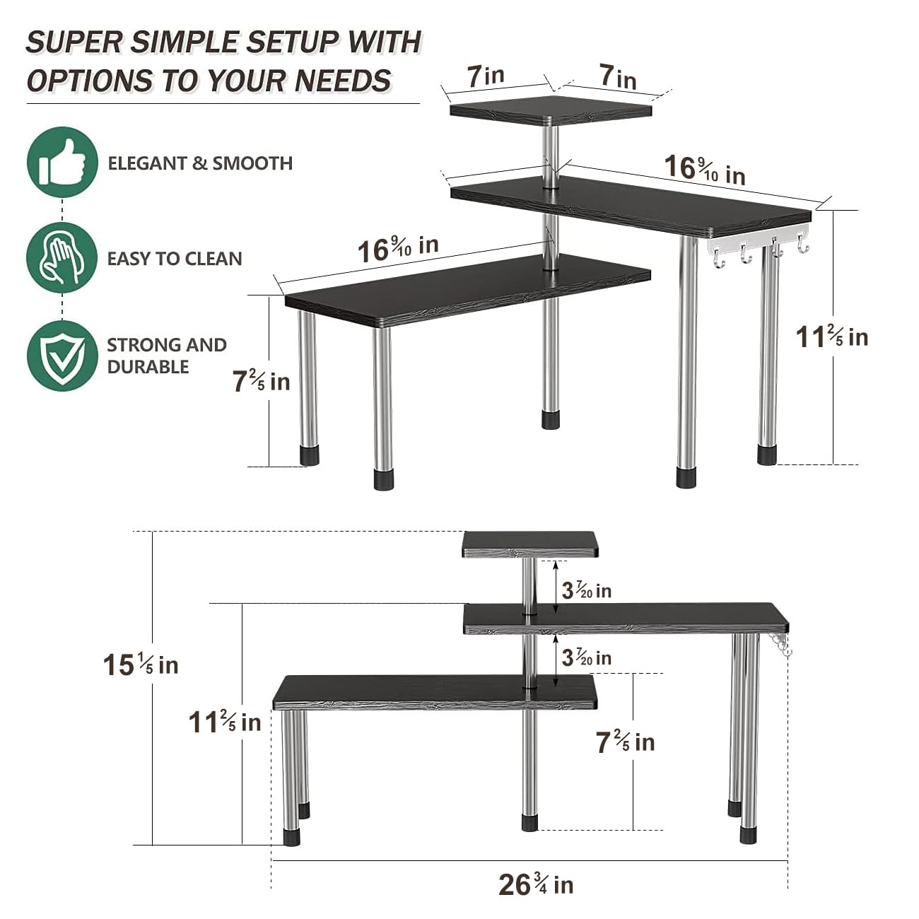 ZHWS Bathroom Counter Organizer Corner Countertop Shelf Adjustable 3 Tier Corner Shelf Kitchen Counter Organizer with 4 Metal Hooks for Bathroom Counter, Makeups, Dresser Table, Over Sink