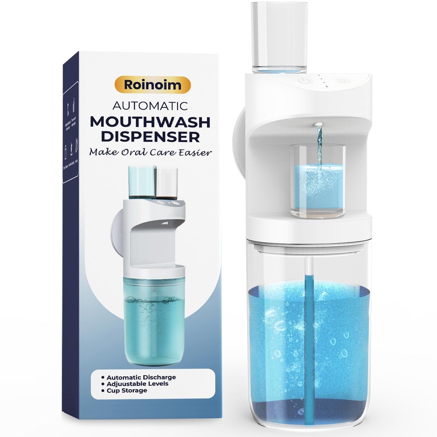 Automatic Mouthwash Dispenser, 550ml (19.35 Oz) Mouthwash Dispenser for Bathroom with Magnetic Cups, 3 Dispensing Levels, Long Standby Time White