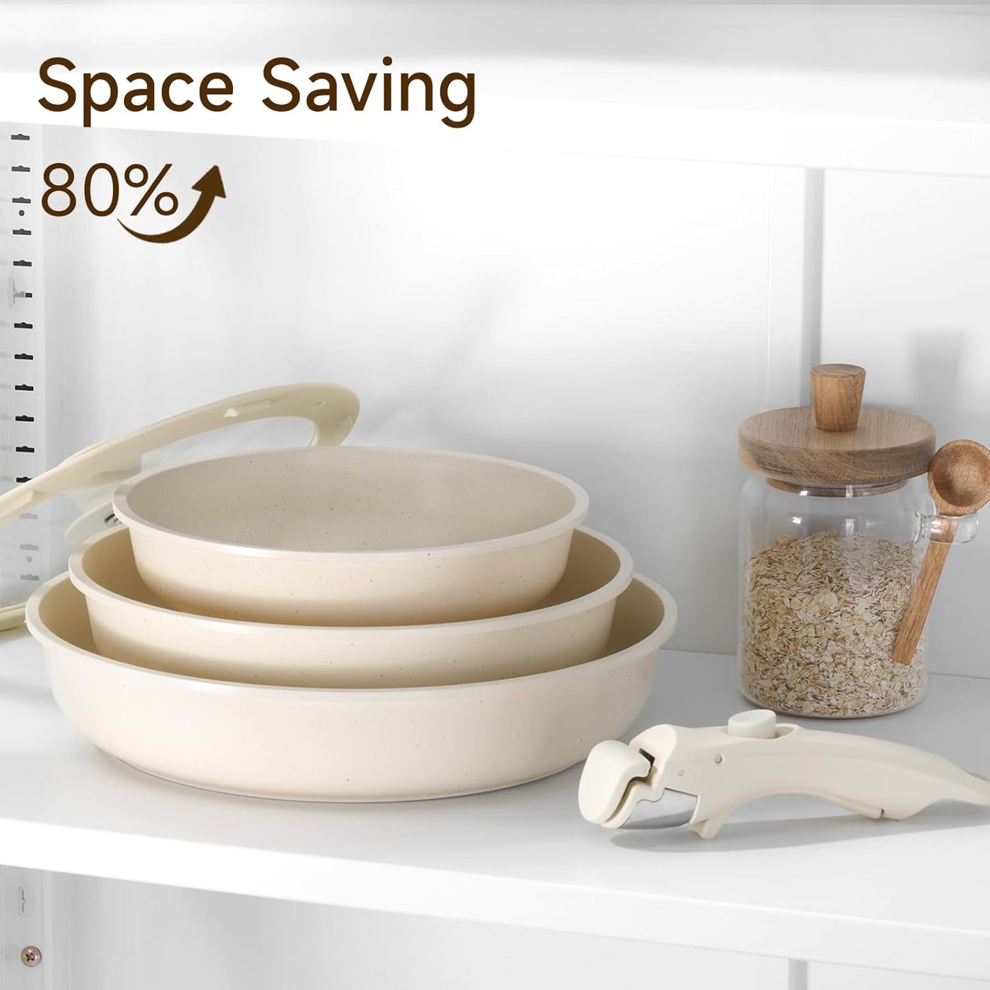 JEETEE Non Stick Frying Pans with lid and Detachable Handle, Frying Pans Set with Removable Handle-8 Inch-9.5 Inch-11 Inch, Oven Safe, PFOA Free, Beige