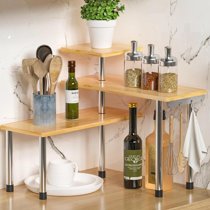 ZHWS Bathroom Counter Organizer Corner Countertop Shelf Adjustable 3 Tier Corner Shelf Kitchen Counter Organizer with 4 Metal Hooks for Bathroom Counter, Makeups, Dresser Table, Over Sink