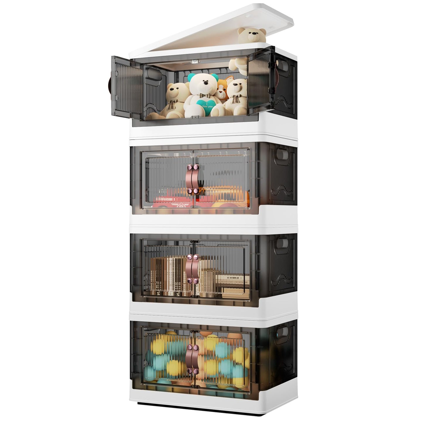 4 Tier Plastic Storage Bins with Lid 23QT, Stackable Storage Containers with Wheels, Folding Storage Boxes, Stackable Storage Bins, Closet Organizers and Storage for Living Room,Office,Dorm