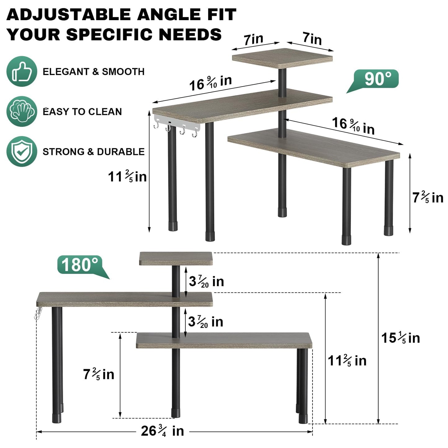 ZHWS Bathroom Counter Organizer Corner Countertop Shelf Adjustable 3 Tier Corner Shelf Kitchen Counter Organizer with 4 Metal Hooks for Bathroom Counter, Makeups, Dresser Table, Over Sink