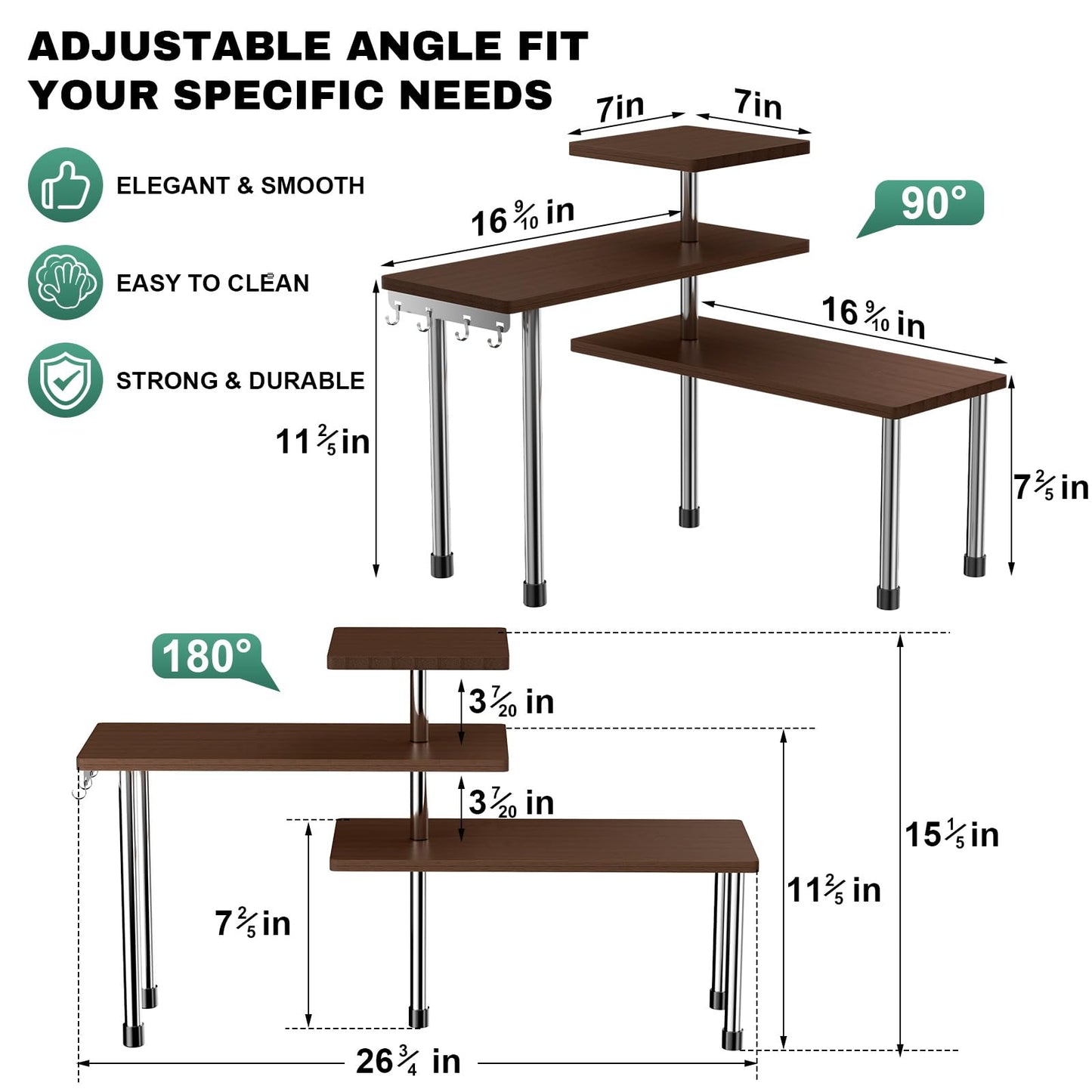 ZHWS Bathroom Counter Organizer Corner Countertop Shelf Adjustable 3 Tier Corner Shelf Kitchen Counter Organizer with 4 Metal Hooks for Bathroom Counter, Makeups, Dresser Table, Over Sink