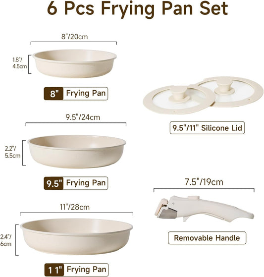 JEETEE Non Stick Frying Pans with lid and Detachable Handle, Frying Pans Set with Removable Handle-8 Inch-9.5 Inch-11 Inch, Oven Safe, PFOA Free, Beige
