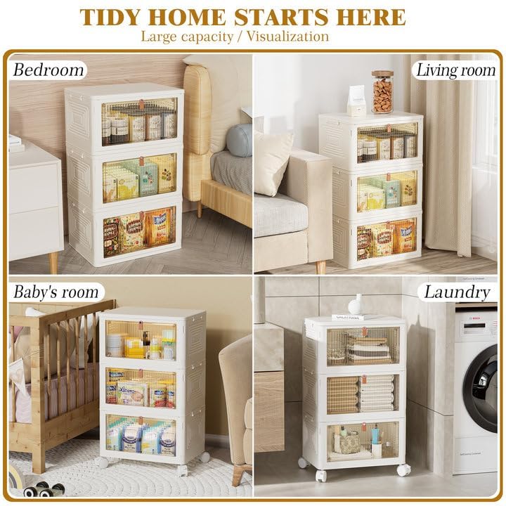 4 Tier Plastic Storage Bins with Lid 23QT, Stackable Storage Containers with Wheels, Folding Storage Boxes, Stackable Storage Bins, Closet Organizers and Storage for Living Room,Office,Dorm