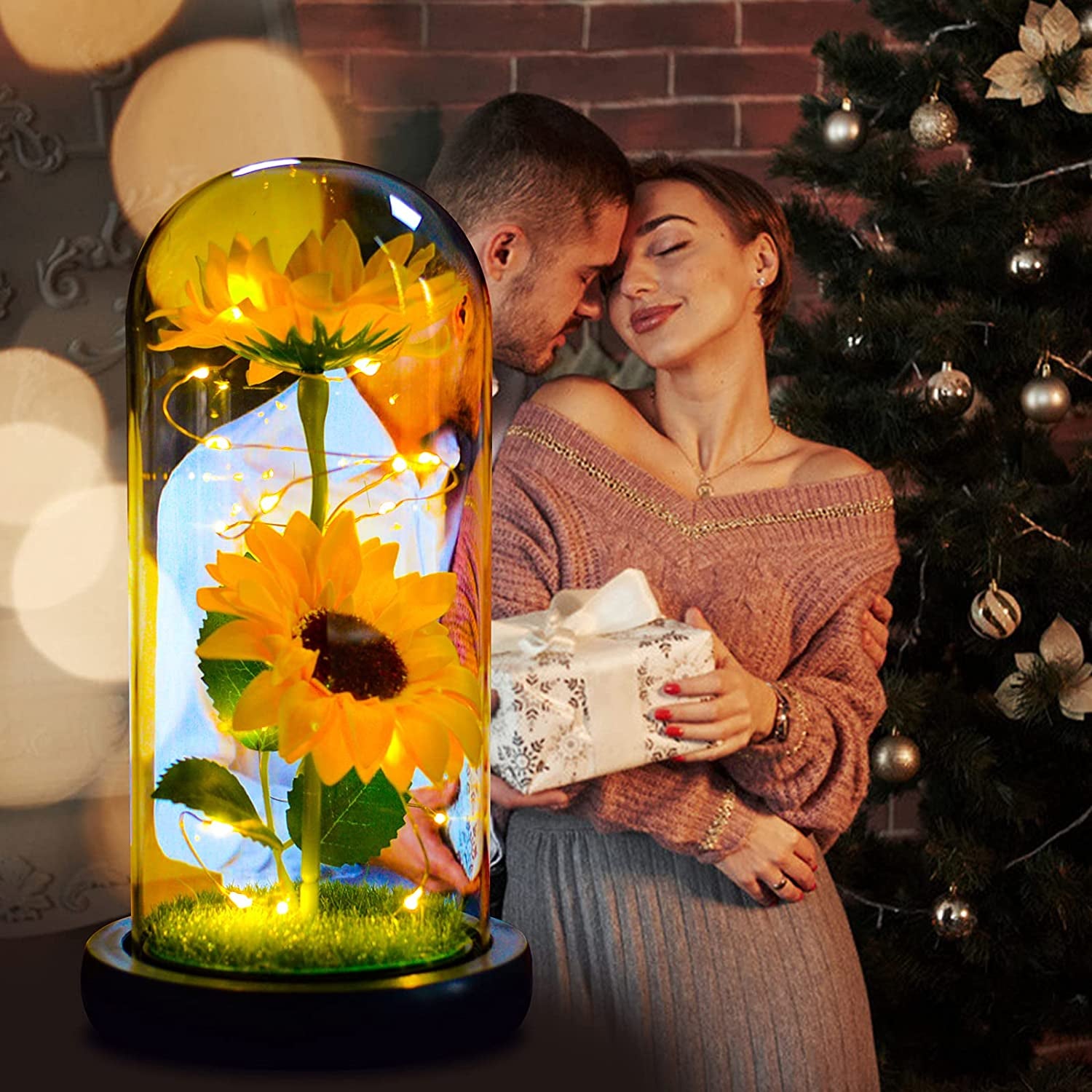 Elegant Sunflower Gift for Women - Preserved Sunflower Bouquet in Glass Dome for Home Decor, Ideal Birthday Gift for Mothers