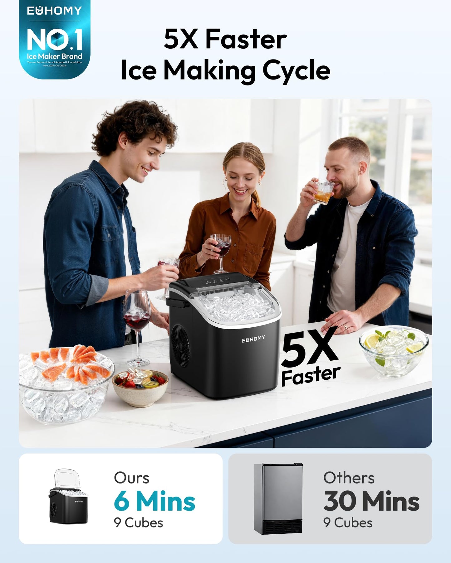 EUHOMY Countertop Ice Maker Machine with Handle, 26lbs in 24Hrs, 9 Ice Cubes Ready in 6 Mins, Auto-Cleaning Portable Ice Maker with Basket and Scoop, for Home/Kitchen/Camping/RV. (Black)