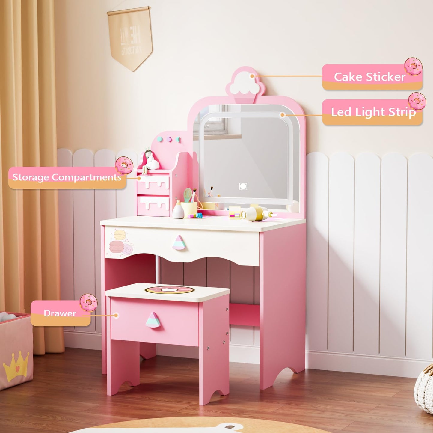 JOYMOR Kids Vanity with Lights, Dessert-Themed Vanity with Cloud-Like LED Light Strip & Drawer, Makeup Desk with Stool for Little Girls Ages 3-8 (Pink)