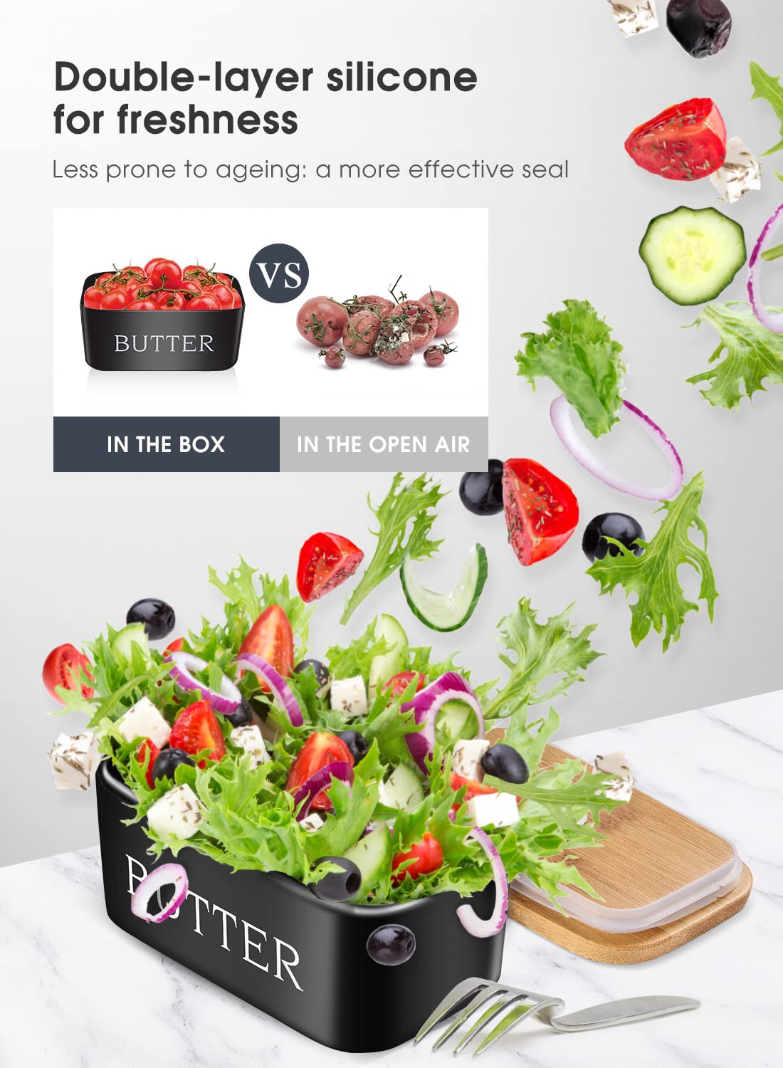 Butter Dish with Lid, Large Butter Dish for Countertop, Ceramic Butter Keeper Container with Knife and High-Quality Silicone Sealing Butter Box for Home Decor Good Kitchen Gift Black