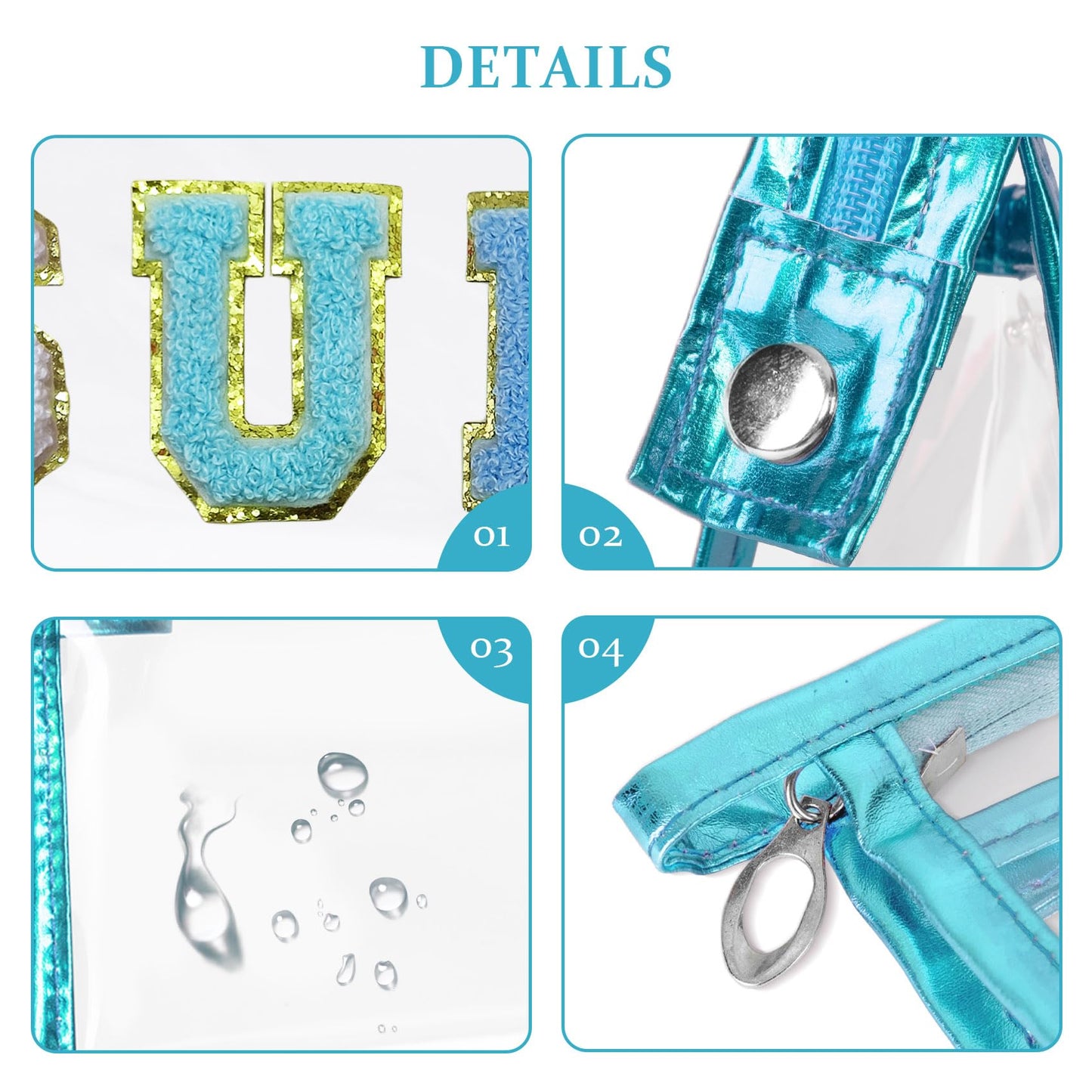 COSHAYSOO Clear Makeup Bag Sunscreen Pouch Beach Vacation Essentials Waterproof Summer Stuff Travel Toiletry Purse for Women Teen Girl Personalized Easter Gifts with Preppy Chenille Letter Blue SUN