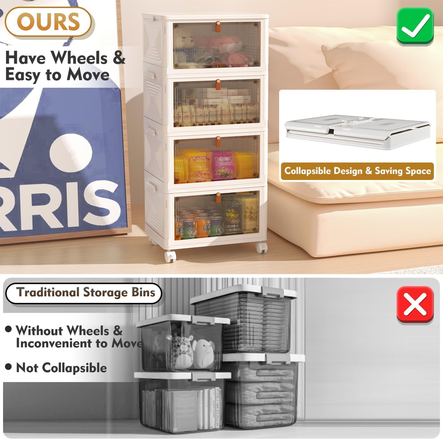 4 Tier Plastic Storage Bins with Lid 23QT, Stackable Storage Containers with Wheels, Folding Storage Boxes, Stackable Storage Bins, Closet Organizers and Storage for Living Room,Office,Dorm