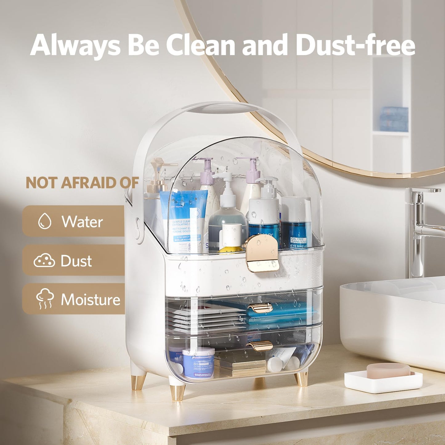 Delamu Makeup Organizer for Vanity, Skincare Organizer with Lid and Drawers, Bathroom Counter Organizer Perfume Makeup Storage, Large Cosmetic Display case for Dresser, Bathroom Countertop, White