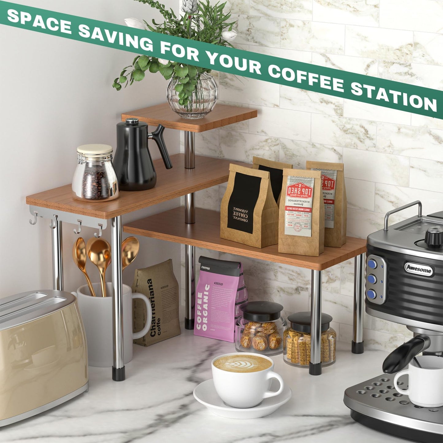 ZHWS Bathroom Counter Organizer Corner Countertop Shelf Adjustable 3 Tier Corner Shelf Kitchen Counter Organizer with 4 Metal Hooks for Bathroom Counter, Makeups, Dresser Table, Over Sink