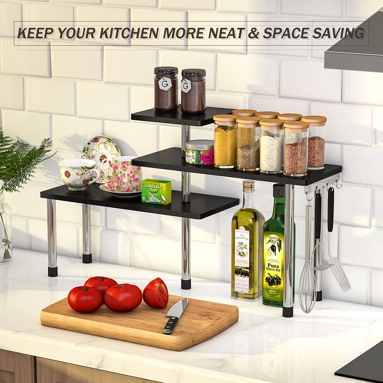 ZHWS Bathroom Counter Organizer Corner Countertop Shelf Adjustable 3 Tier Corner Shelf Kitchen Counter Organizer with 4 Metal Hooks for Bathroom Counter, Makeups, Dresser Table, Over Sink