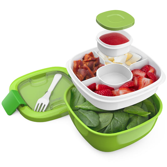 Bentgo Salad Container - 54 oz Bowl with 4-Compartment Toppings Tray, Leak-Proof Dressing Container, Reusable Fork, BPA-Free Lunch Box for Meal Prep & Food Storage; Removable Bento Tray (Slate)