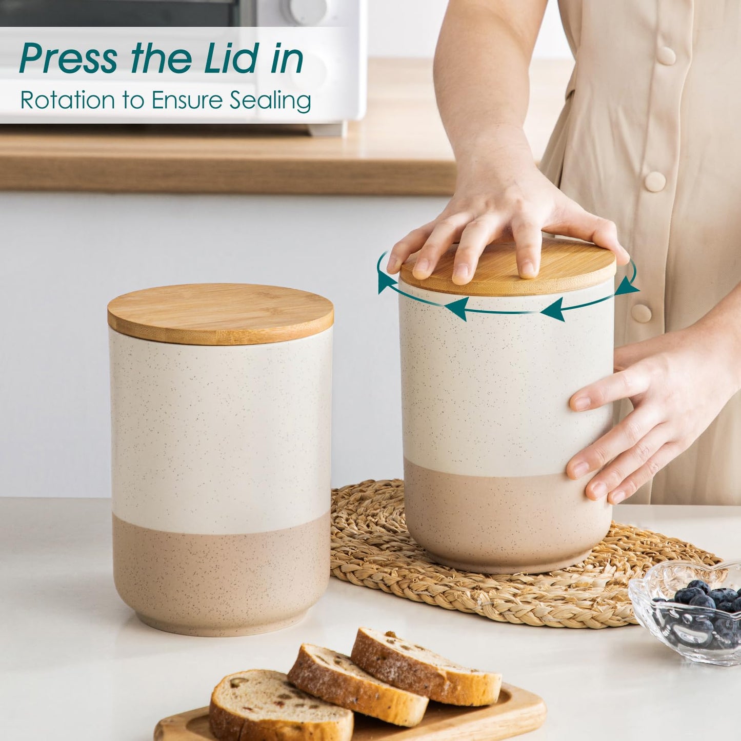 vancasso Sabine Ceramic Canister Set with Airtight Wood Lids - 3-Piece Kitchen Storage for Flour, Sugar, Coffee, Tea & Spices - Modern Countertop Decor