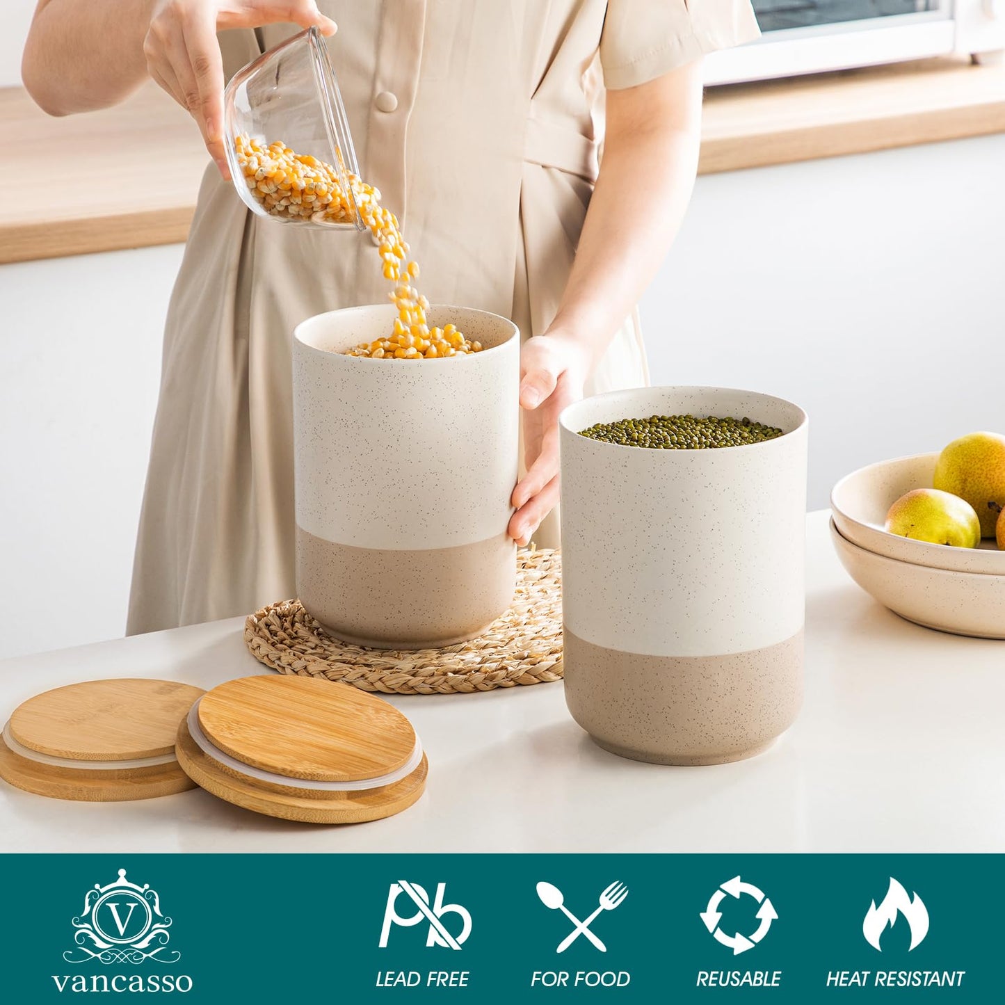 vancasso Sabine Ceramic Canister Set with Airtight Wood Lids - 3-Piece Kitchen Storage for Flour, Sugar, Coffee, Tea & Spices - Modern Countertop Decor