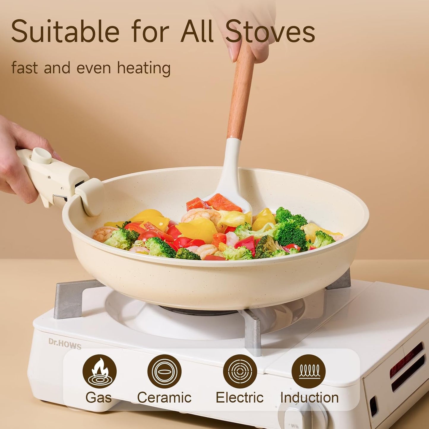 JEETEE Non Stick Frying Pans with lid and Detachable Handle, Frying Pans Set with Removable Handle-8 Inch-9.5 Inch-11 Inch, Oven Safe, PFOA Free, Beige