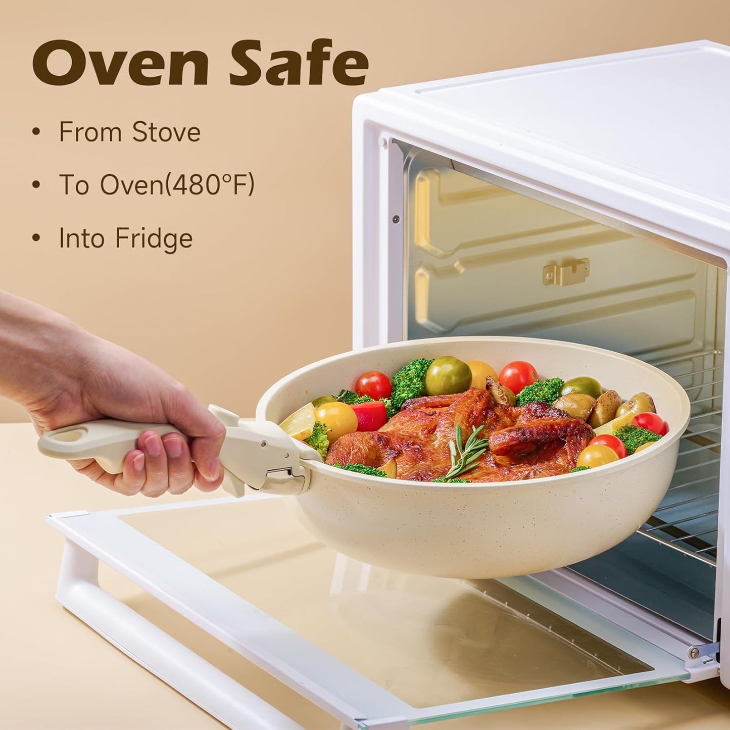 JEETEE Non Stick Frying Pans with lid and Detachable Handle, Frying Pans Set with Removable Handle-8 Inch-9.5 Inch-11 Inch, Oven Safe, PFOA Free, Beige