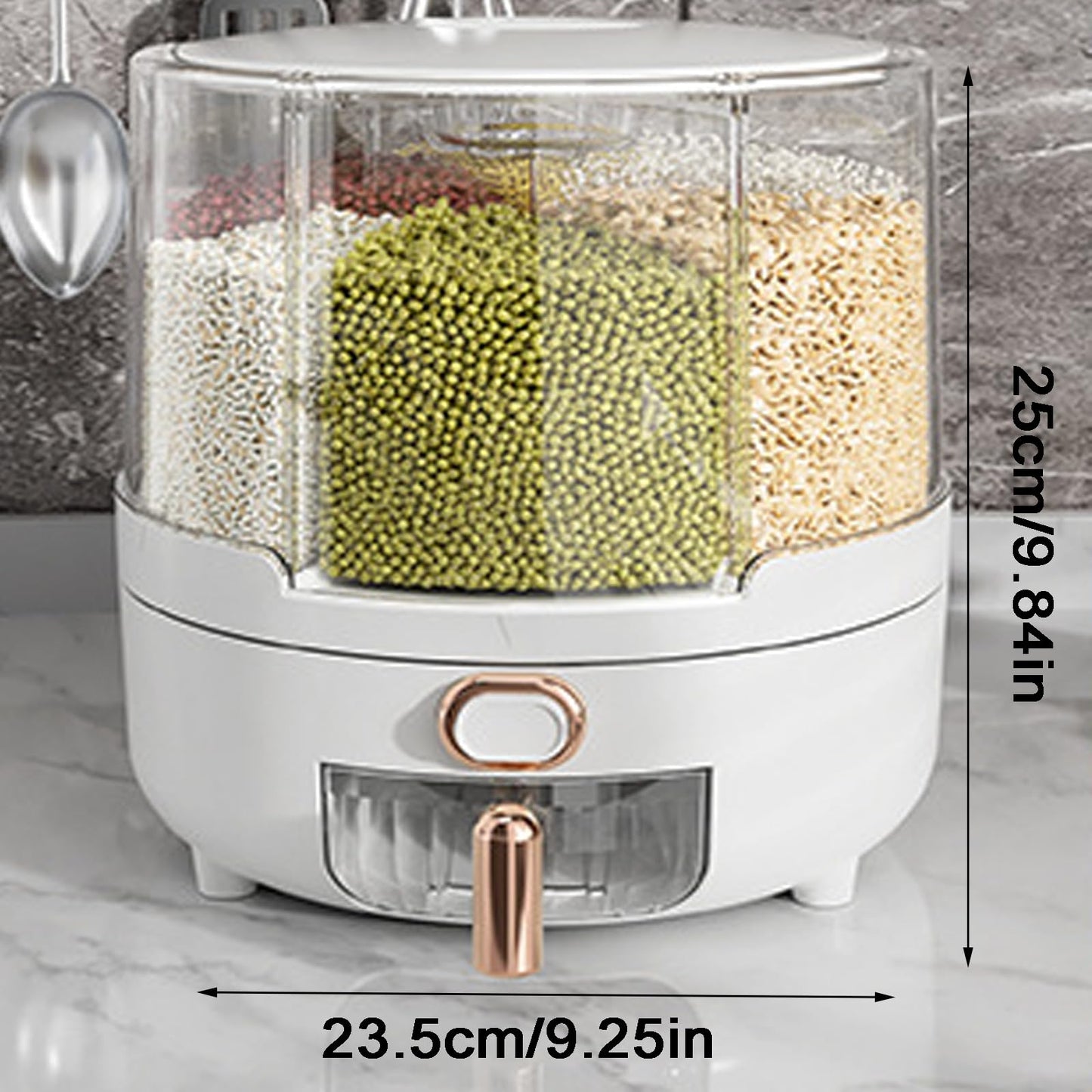 Enforose 25Lbs Cereal Dispenser,360 Degree Rotating Grain Storage Dispenser Box,6 Compartment PP Plastic Dry Food Dispenser,Rice Dispenser for Kitchen Soybean Corn (medium-white)