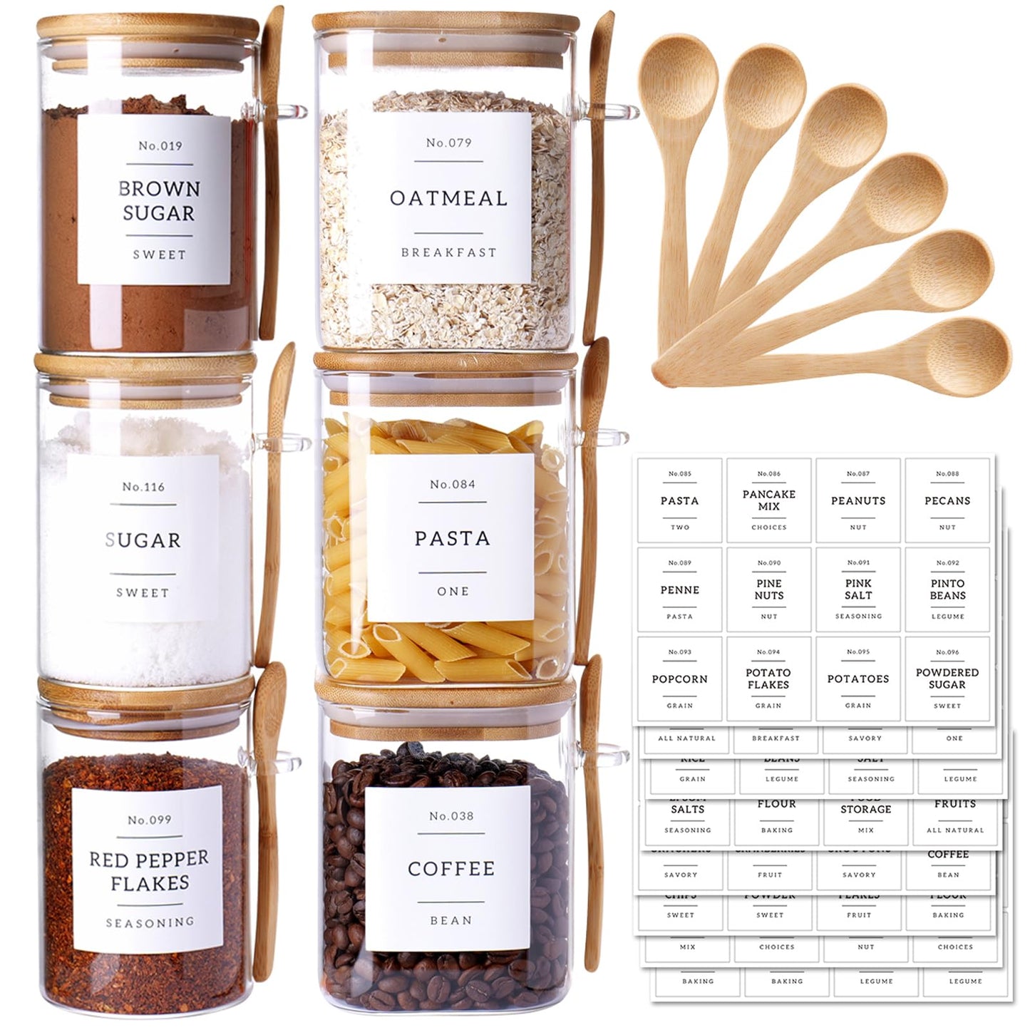 CZSZYGHBAO 6 Pack Glass Jars with Bamboo Lid and Spoons - 17Oz/27Oz Borosilicate Glass Jars with 132 Pantry Labels - for Coffee Beans, Tea, Sugar & More