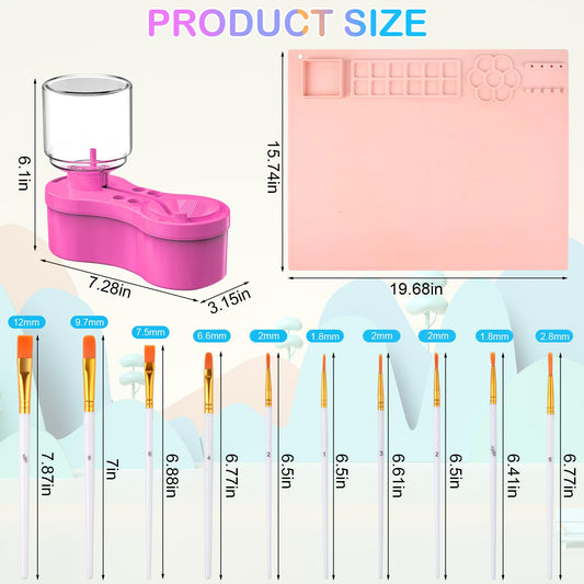 Painting Station, Paint Brush Cleaner and Silicone Painting Mat 20"X16", Silicone Art Mat with 10 Paint Brushes, Paint Brush Rinser, Art Painting Supplies Set (Pink)