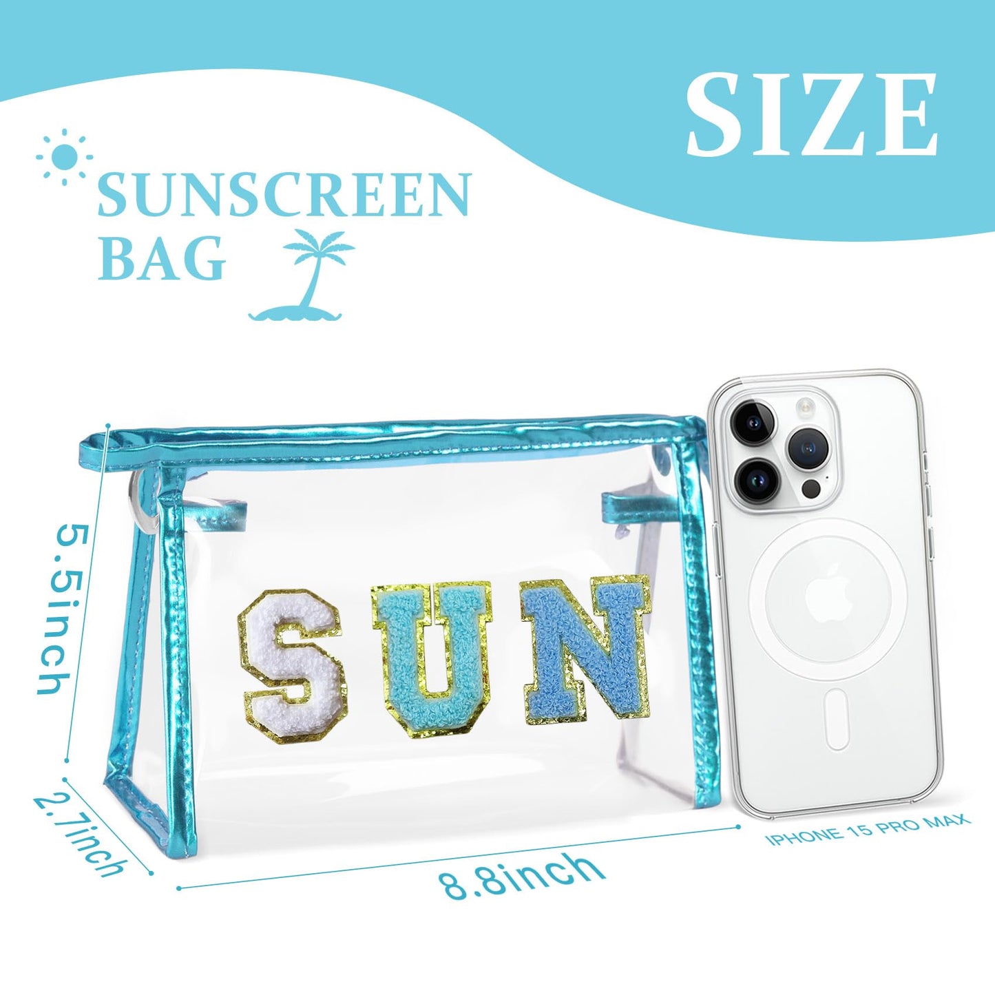 COSHAYSOO Clear Makeup Bag Sunscreen Pouch Beach Vacation Essentials Waterproof Summer Stuff Travel Toiletry Purse for Women Teen Girl Personalized Easter Gifts with Preppy Chenille Letter Blue SUN