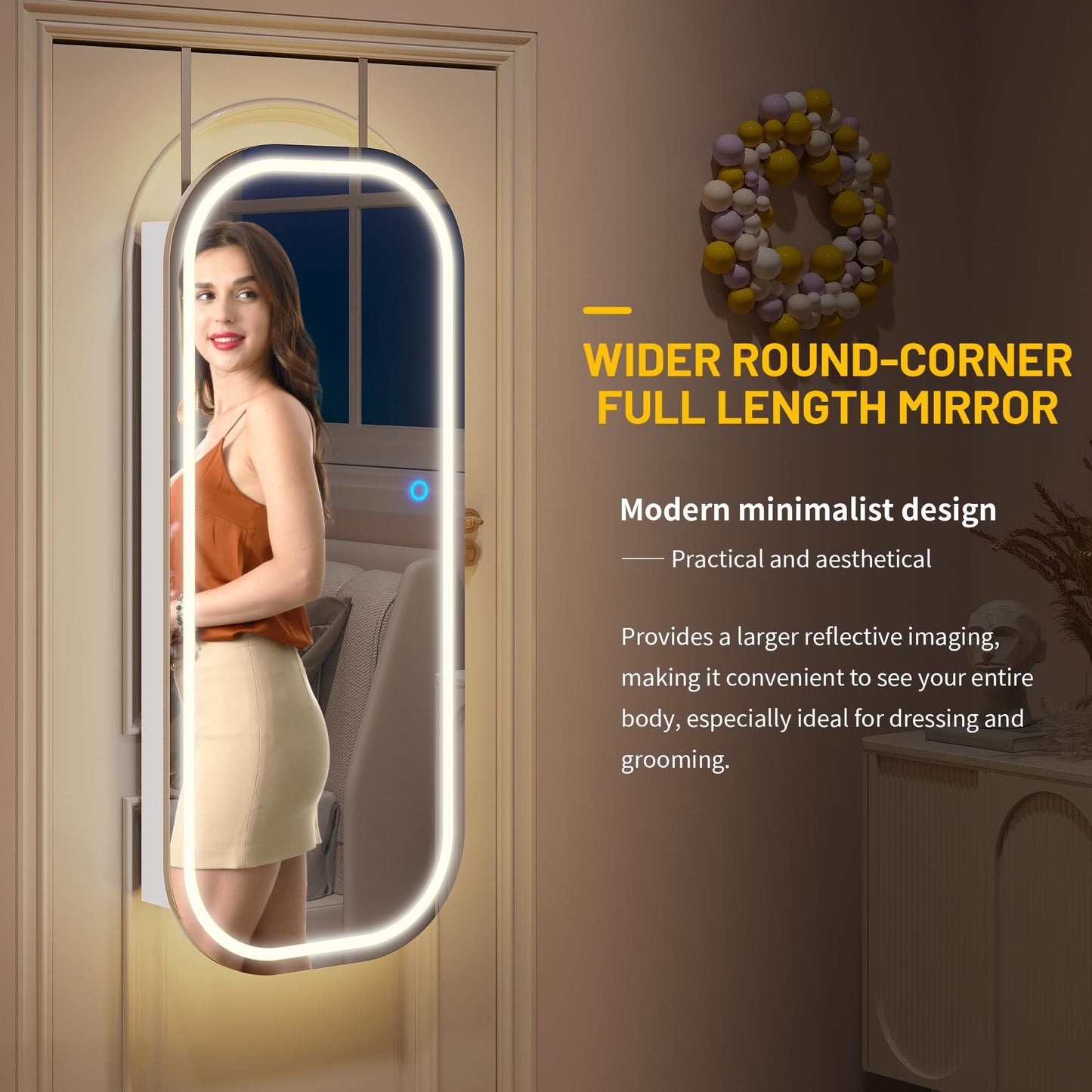 LVSOMT LED Mirror Jewelry Cabinet, Wall Mount/Over the Door Jewelry Armoire Organizer, Rounded Mirror with Storage, Foldable Shelf, Lockable Jewelry Cabinet,16" Wide,Interior Mirror, White