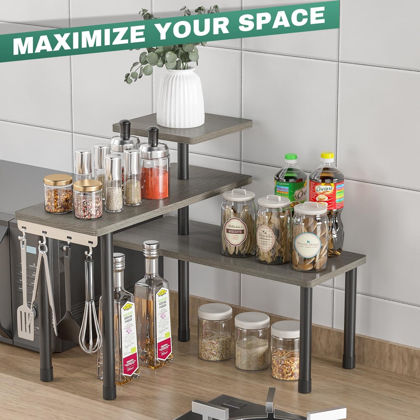 ZHWS Bathroom Counter Organizer Corner Countertop Shelf Adjustable 3 Tier Corner Shelf Kitchen Counter Organizer with 4 Metal Hooks for Bathroom Counter, Makeups, Dresser Table, Over Sink