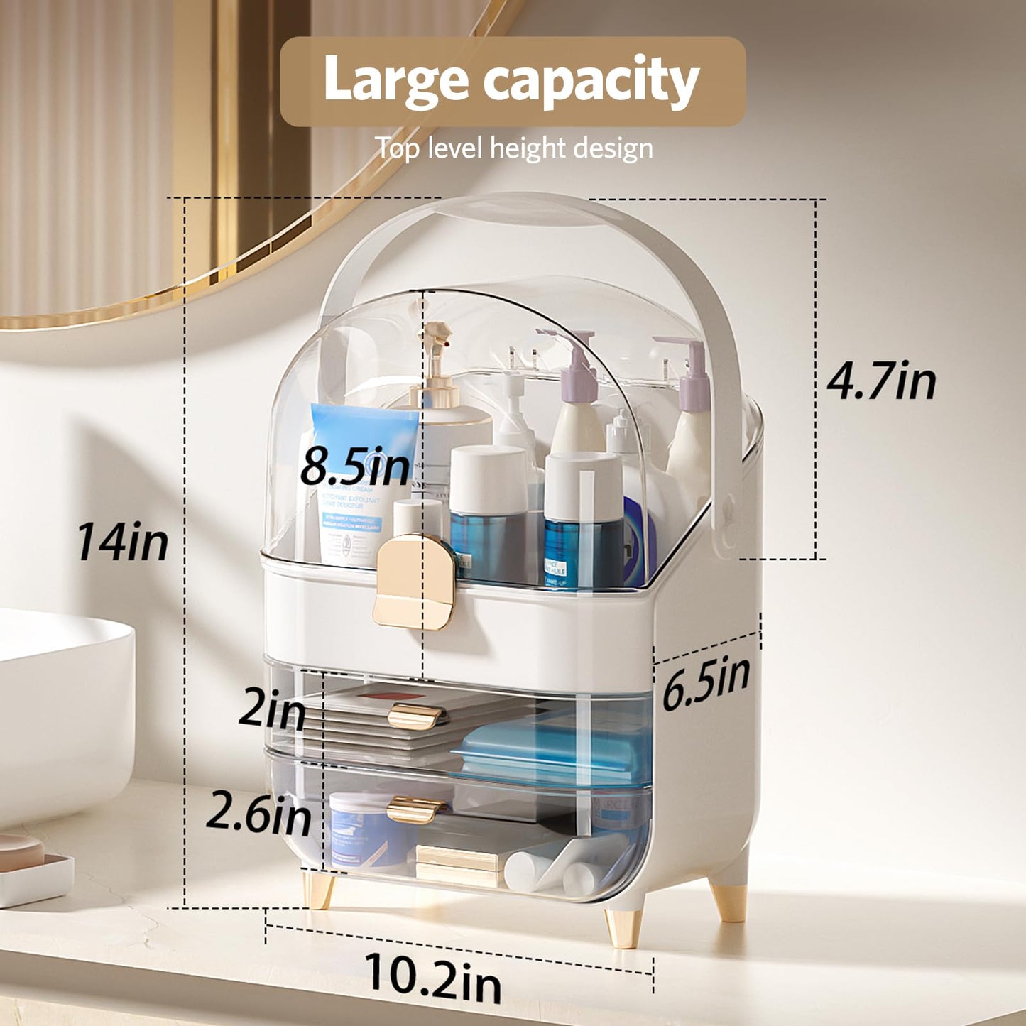 Delamu Makeup Organizer for Vanity, Skincare Organizer with Lid and Drawers, Bathroom Counter Organizer Perfume Makeup Storage, Large Cosmetic Display case for Dresser, Bathroom Countertop, White
