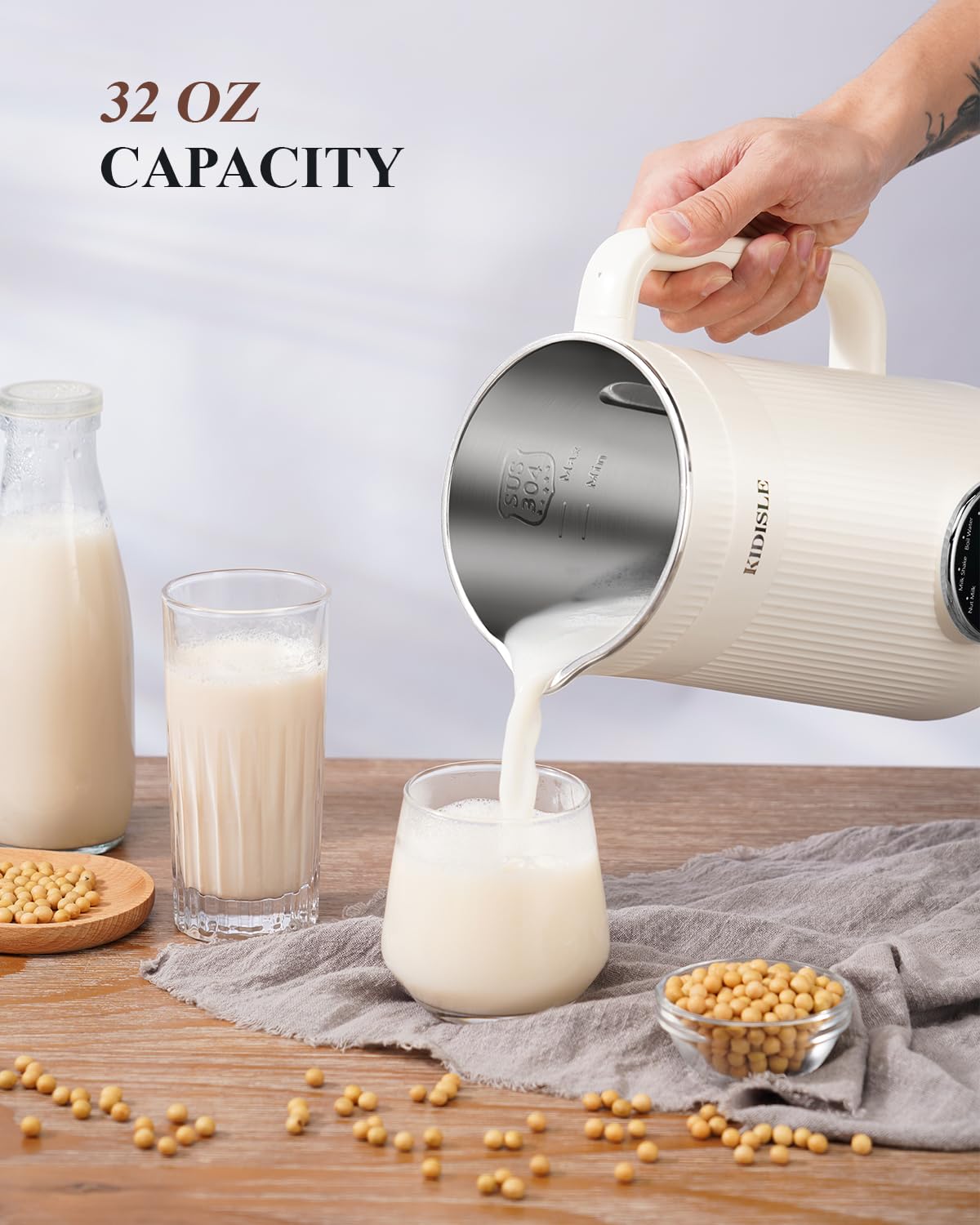 KIDISLE 8 in 1 Nut Milk Maker Blender, 32oz Homemade Soy, Almond, Oat, Coconut, Plant Based and Non Dairy Beverages, Automatic Soybean Machine With Delay Start/Keep Warm/Boil Water, Cream