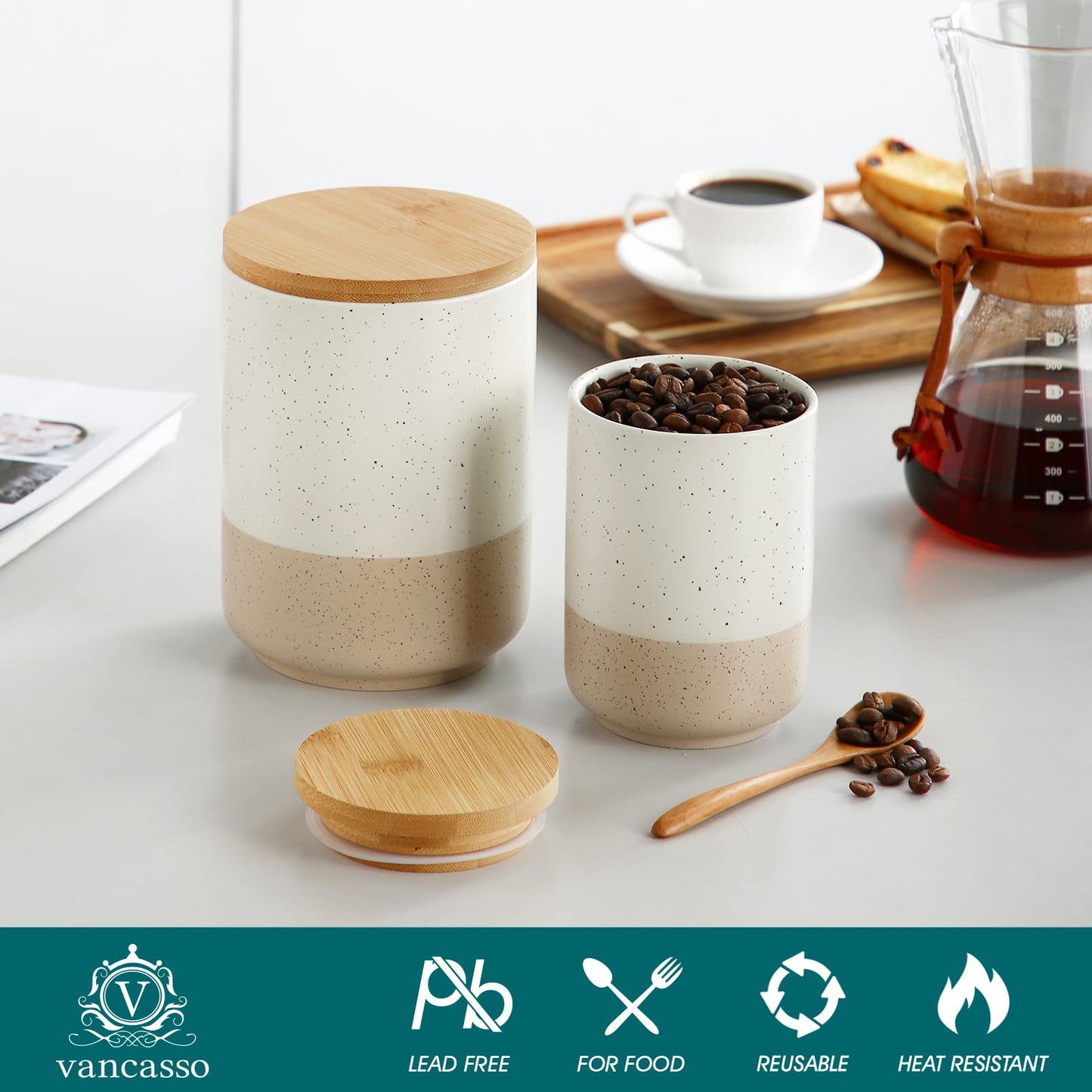 vancasso Sabine Ceramic Canister Set with Airtight Wood Lids - 3-Piece Kitchen Storage for Flour, Sugar, Coffee, Tea & Spices - Modern Countertop Decor