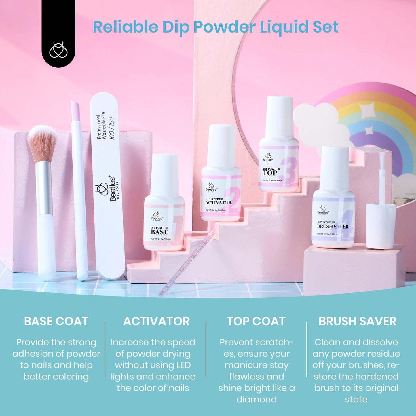 Beetles Dip Powder Nail Starter Kit 20 Colors Pastel Nude Blue Pink Glitter 36pcs Dipping Powder Set for Nail Art with Base Top Coat DIY Salon Complete Accessories Dreamy Town Collection