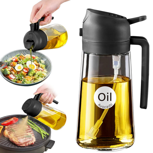 YARRAMATE 16oz/470ml Oil Sprayer for Cooking with Stickers, Food-grade Premium 2 in 1 Olive Oil Dispenser Bottle for Kitchen Gadgets, Air Fryer, Salad, Frying, BBQ (Black)