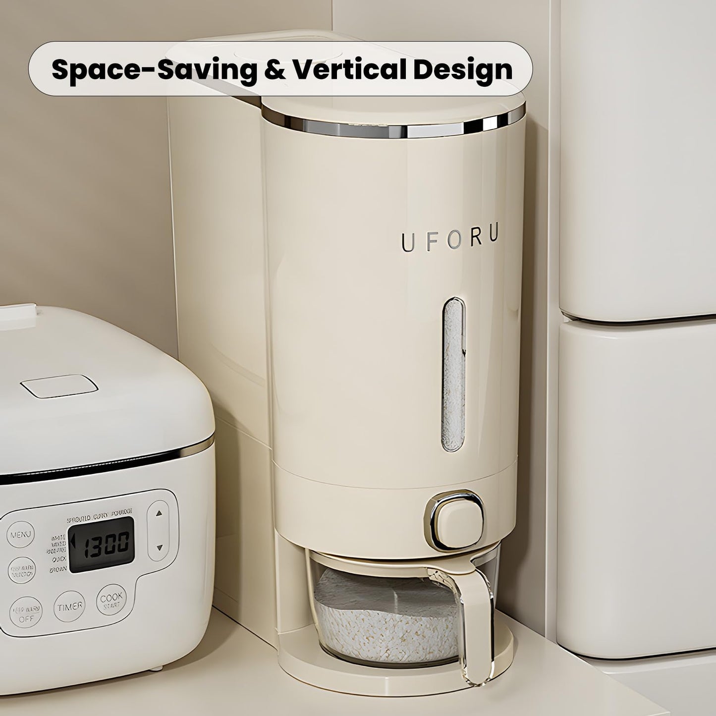 UFORU Rice Dispenser, Rice Storage Container with Measuring Cup for Kitchen Pantry Household, Cereal Dry Food Storage Containers Airtight, Sealed Moisture Proof, 11 Lbs