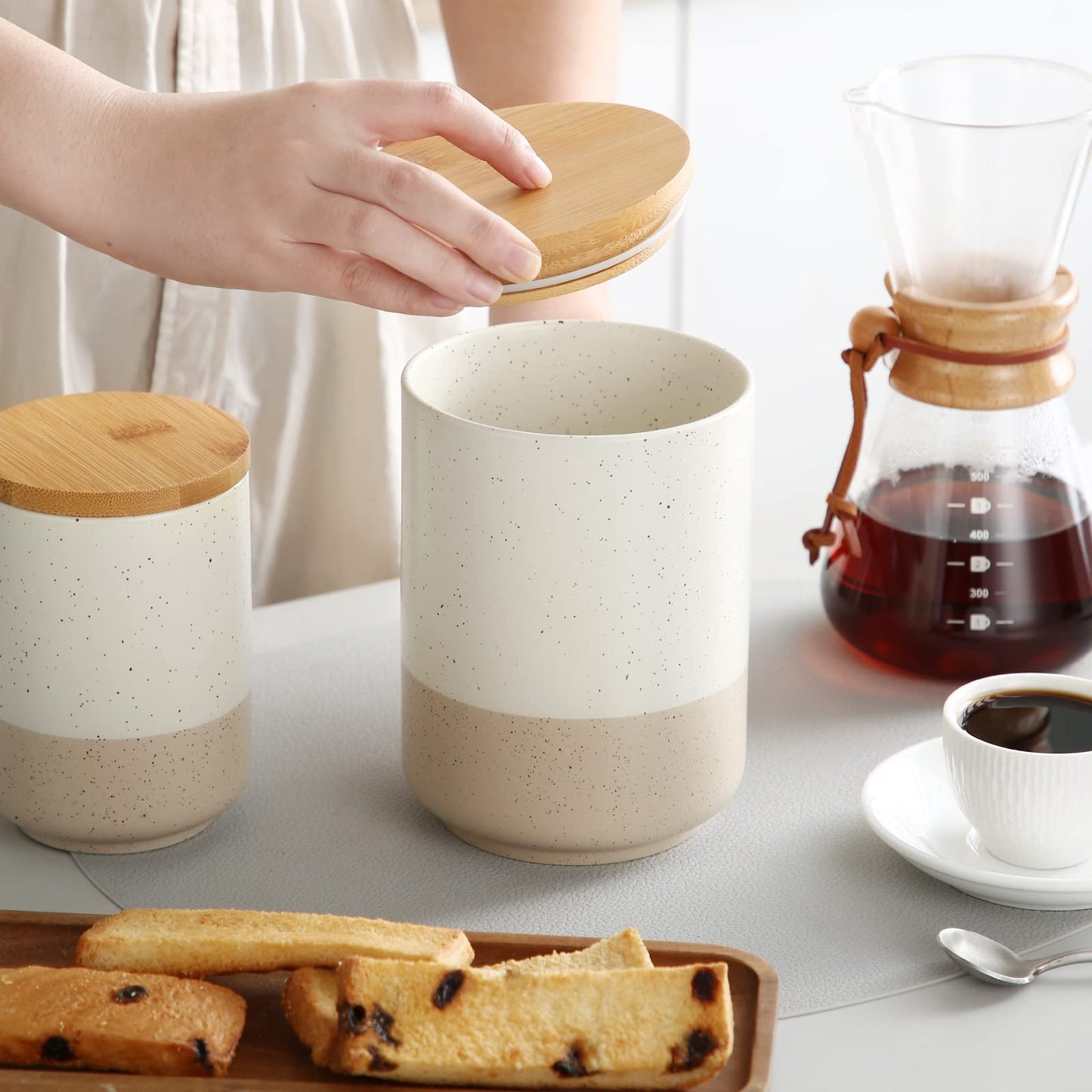 vancasso Sabine Ceramic Canister Set with Airtight Wood Lids - 3-Piece Kitchen Storage for Flour, Sugar, Coffee, Tea & Spices - Modern Countertop Decor