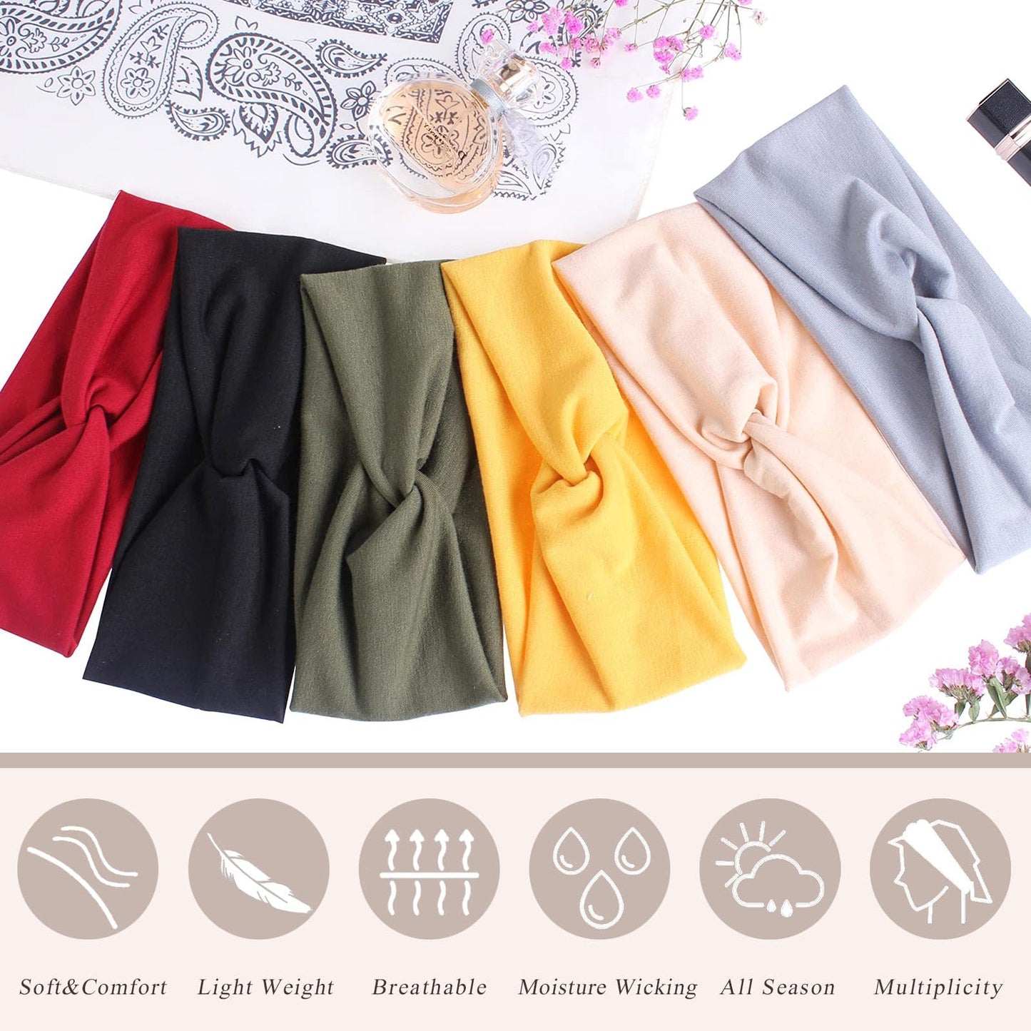 XTREND 6 Pcs Women's Headbands Twisted Cross Elastic Head Band Yoga Workout Head Non-Slip Sweat Soft Headbands Solid Color Simple Versatile Hair Accessory Hairbands