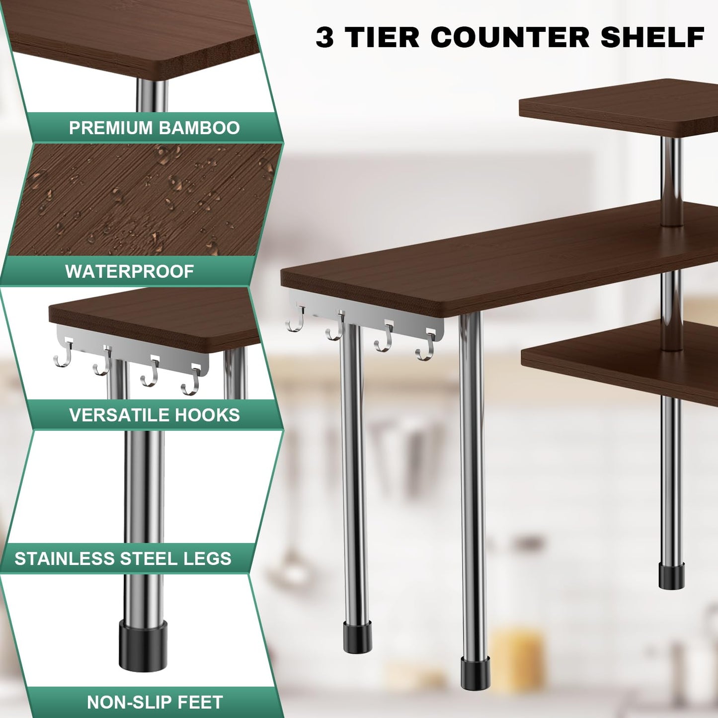ZHWS Bathroom Counter Organizer Corner Countertop Shelf Adjustable 3 Tier Corner Shelf Kitchen Counter Organizer with 4 Metal Hooks for Bathroom Counter, Makeups, Dresser Table, Over Sink