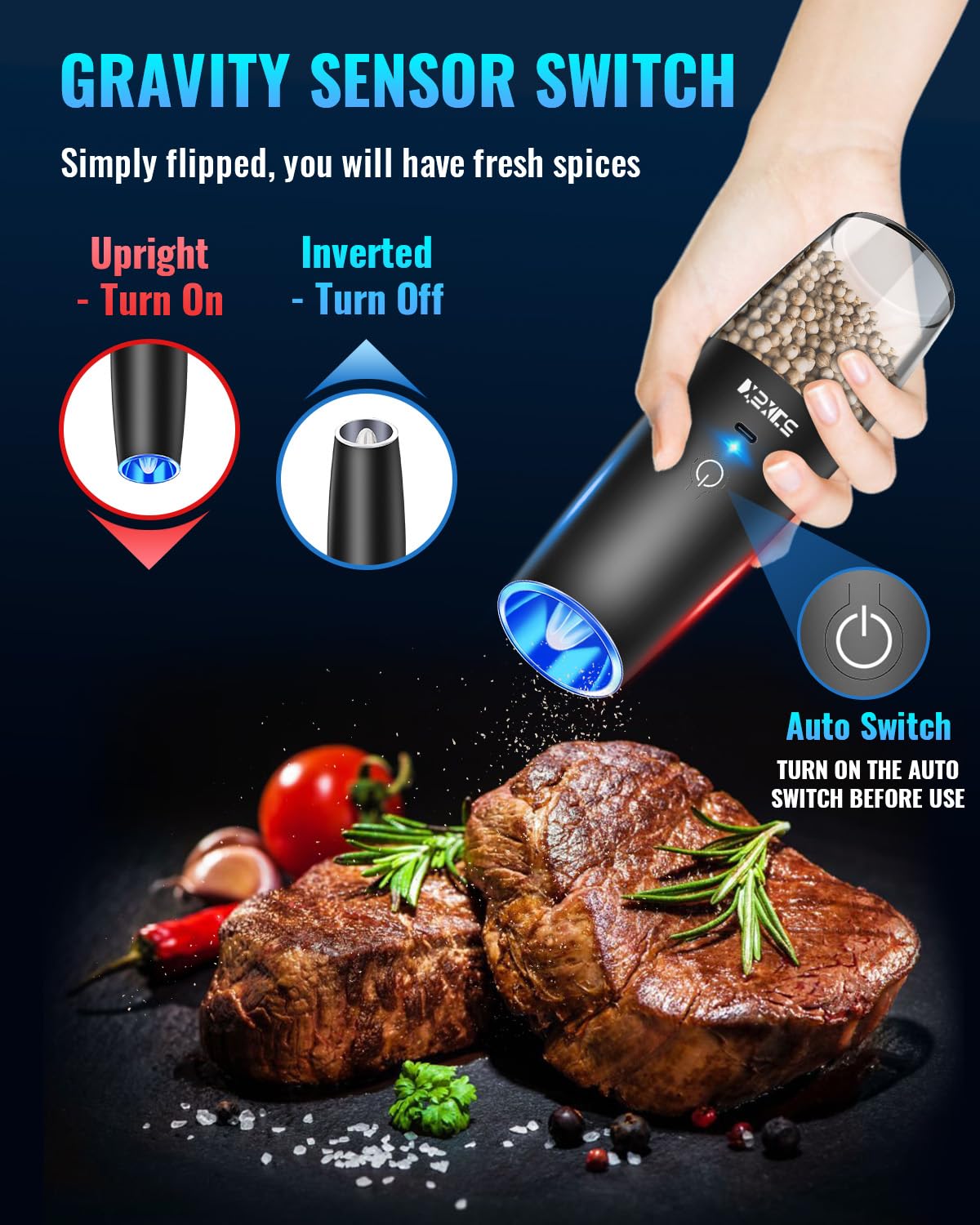 Sweet Alice Rechargeable Electric Pepper and Salt Grinder Set, No Battery Needed, whit Gravity Sensing Switch and LED Light, One Hand Automatic Operation, Black 2 Pack