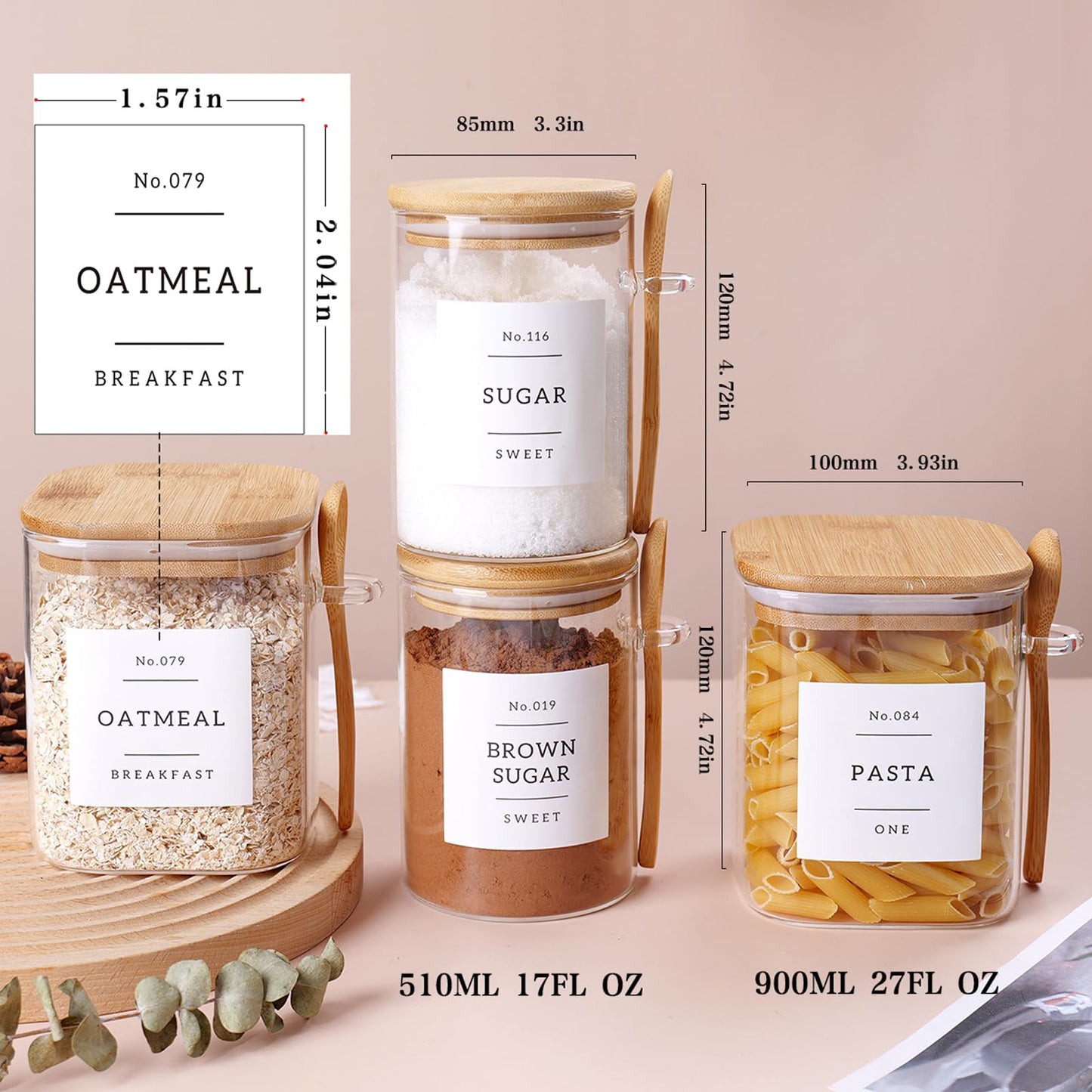 CZSZYGHBAO 6 Pack Glass Jars with Bamboo Lid and Spoons - 17Oz/27Oz Borosilicate Glass Jars with 132 Pantry Labels - for Coffee Beans, Tea, Sugar & More