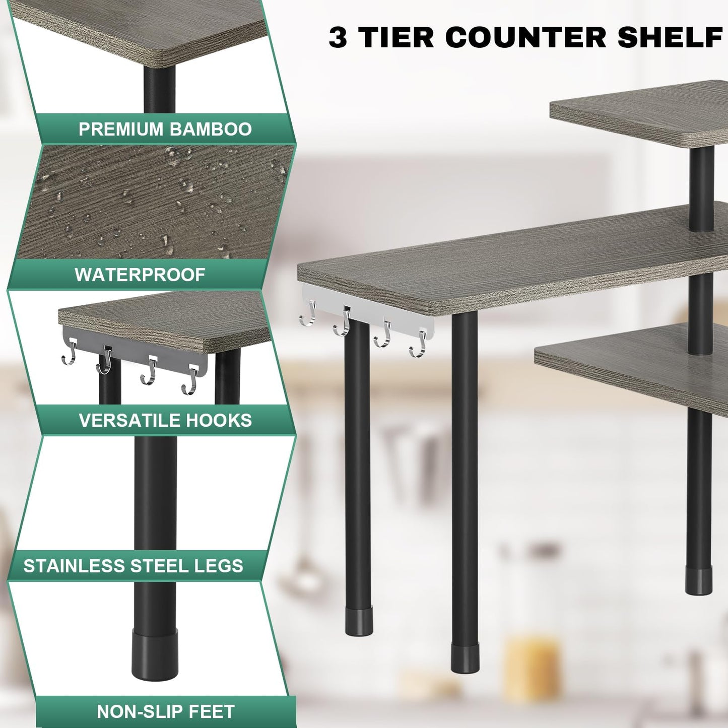 ZHWS Bathroom Counter Organizer Corner Countertop Shelf Adjustable 3 Tier Corner Shelf Kitchen Counter Organizer with 4 Metal Hooks for Bathroom Counter, Makeups, Dresser Table, Over Sink