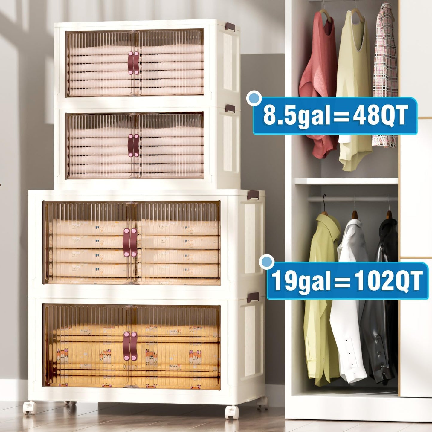 4 Tier Plastic Storage Bins with Lid 23QT, Stackable Storage Containers with Wheels, Folding Storage Boxes, Stackable Storage Bins, Closet Organizers and Storage for Living Room,Office,Dorm