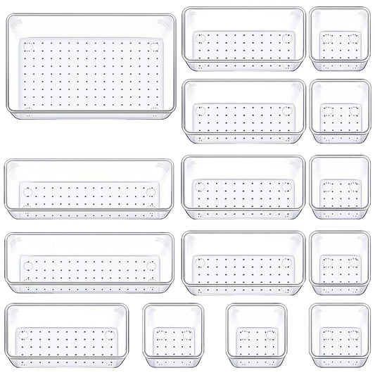 Manalete Drawer Organizers Set of 15, 4 Sizes Clear Plastic Drawer Organizers and Storage Bins for Kitchen, Bathroom, Office, Dresser Desk Drawer Organizer Tray for Jewelry, Makeup, Junk, Gadgets
