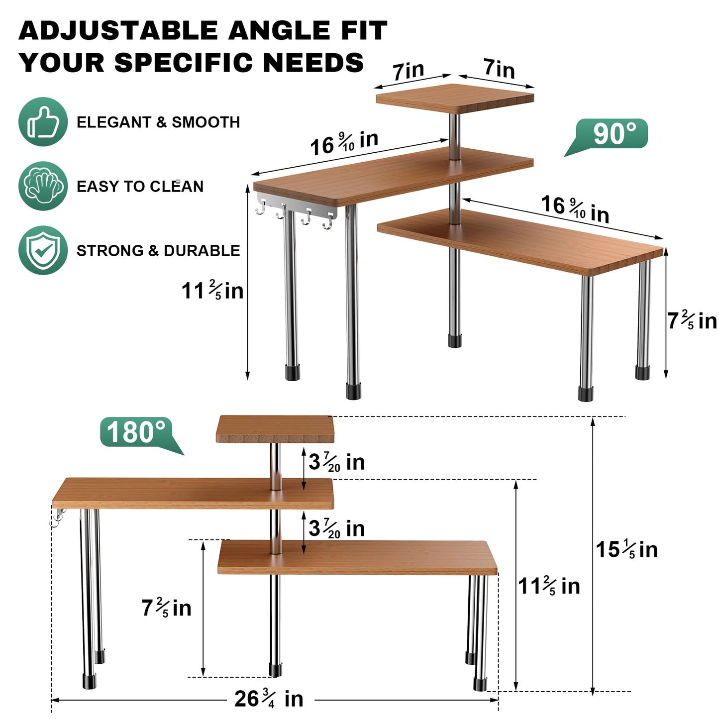 ZHWS Bathroom Counter Organizer Corner Countertop Shelf Adjustable 3 Tier Corner Shelf Kitchen Counter Organizer with 4 Metal Hooks for Bathroom Counter, Makeups, Dresser Table, Over Sink