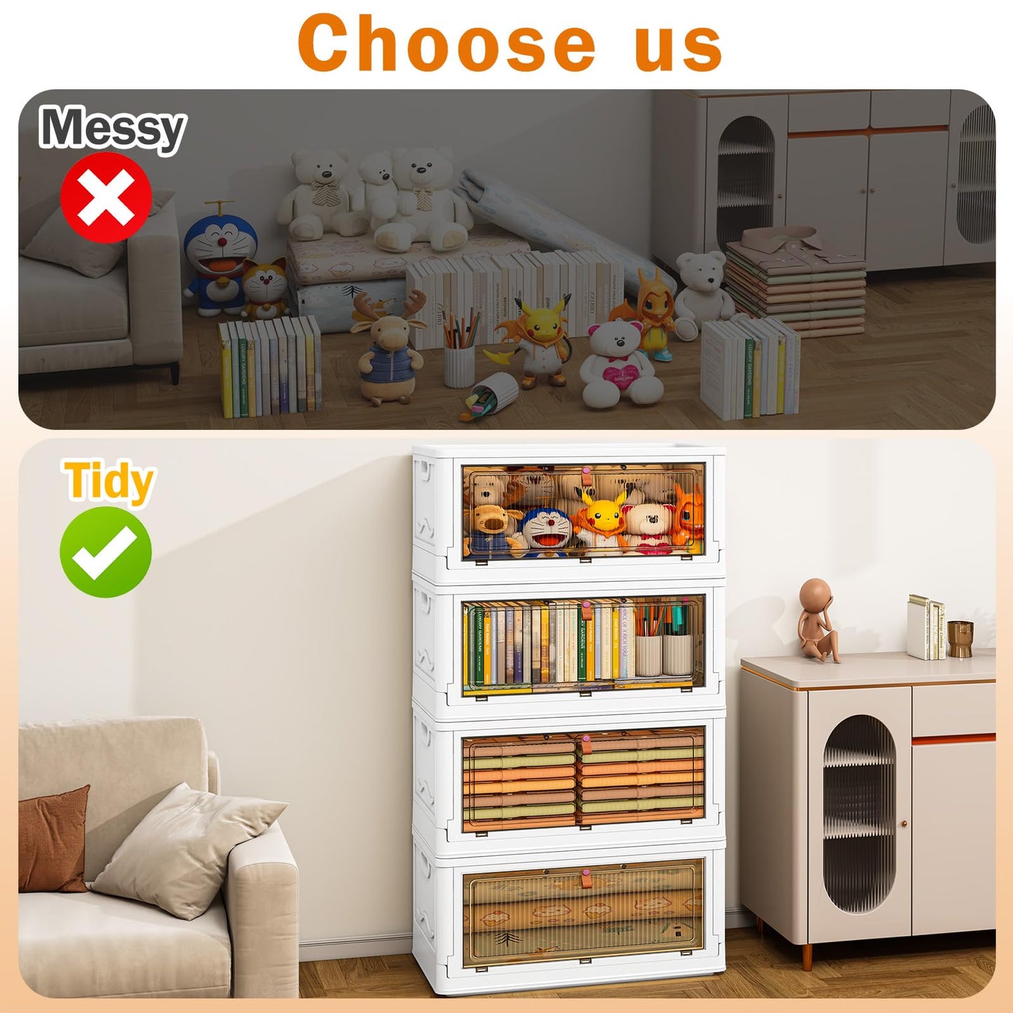 4 Tier Plastic Storage Bins with Lid 23QT, Stackable Storage Containers with Wheels, Folding Storage Boxes, Stackable Storage Bins, Closet Organizers and Storage for Living Room,Office,Dorm