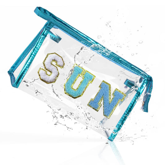 COSHAYSOO Clear Makeup Bag Sunscreen Pouch Beach Vacation Essentials Waterproof Summer Stuff Travel Toiletry Purse for Women Teen Girl Personalized Easter Gifts with Preppy Chenille Letter Blue SUN