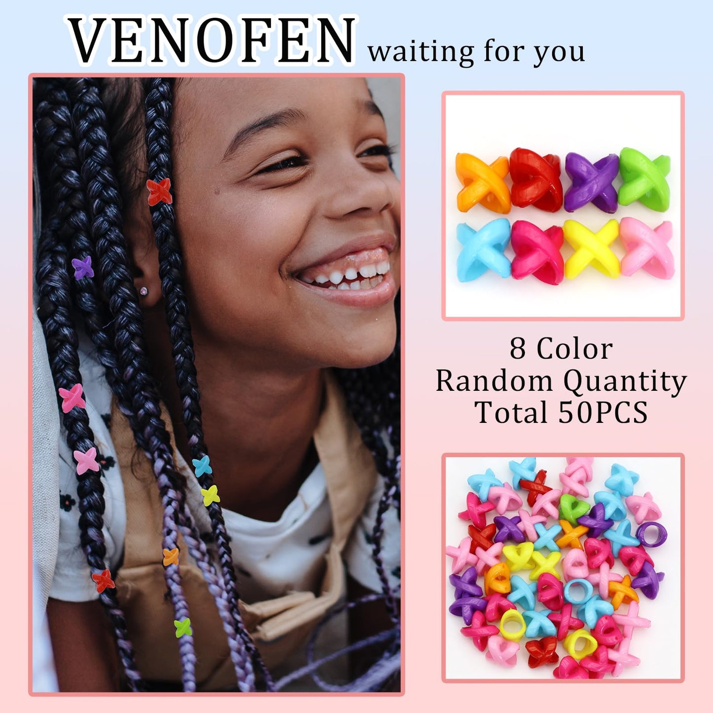 VENOFEN 50PCS Hair Beads for Braids - Candy Color Loc Dreadlock and Hair Jewelry Accessories for Kids and Women