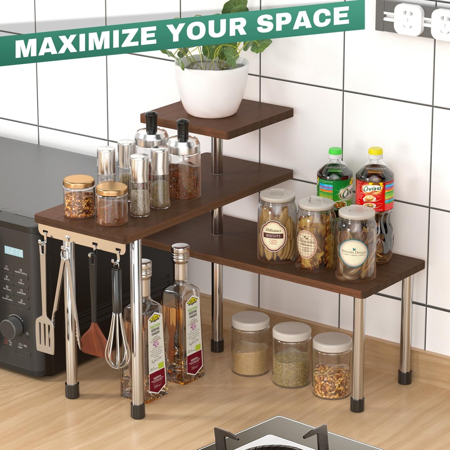 ZHWS Bathroom Counter Organizer Corner Countertop Shelf Adjustable 3 Tier Corner Shelf Kitchen Counter Organizer with 4 Metal Hooks for Bathroom Counter, Makeups, Dresser Table, Over Sink