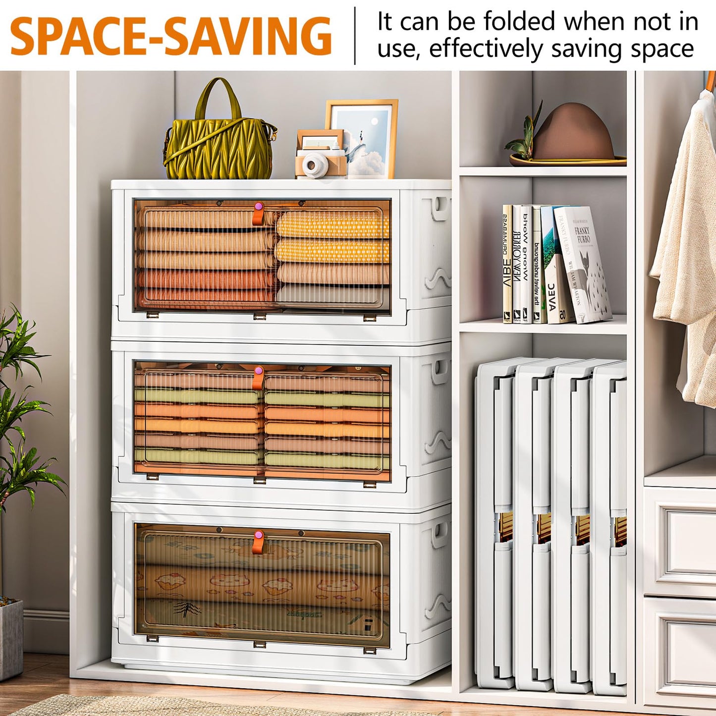 4 Tier Plastic Storage Bins with Lid 23QT, Stackable Storage Containers with Wheels, Folding Storage Boxes, Stackable Storage Bins, Closet Organizers and Storage for Living Room,Office,Dorm